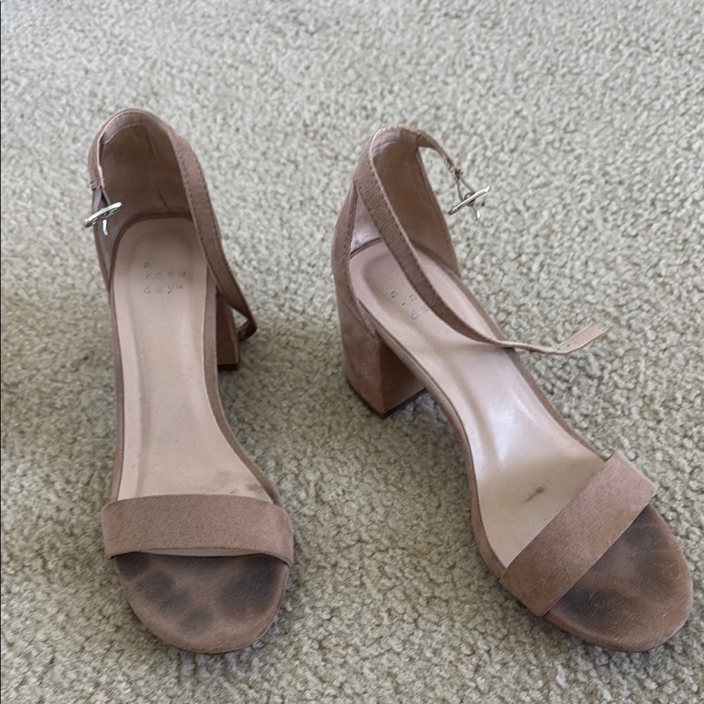 Tan Suede Block Heel Sandals with Ankle Strap